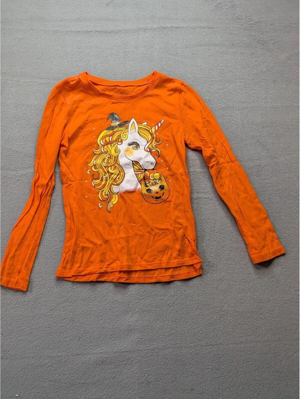The Children's Place T-Shirt Girls 5-6 Orange Halloween Unicorn Long Sleeve